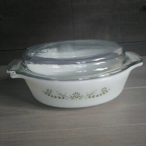 Vintage Glasbake Green Daisy  Primrose Flower Casserole Dish with Lid 433